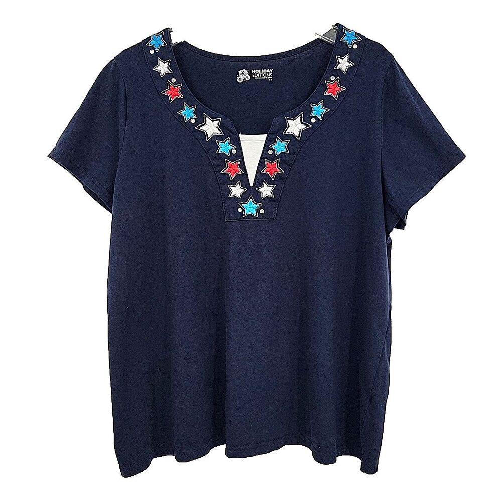 Red White Blue Stars Womens Top Size 1X Patriotic‎ T-Shirt Holiday Editions